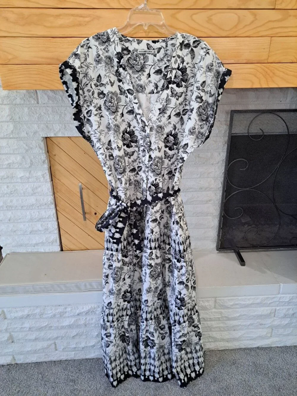 Abercrombie & Fitch Womens Floral Black White Maxi Dress Belted Waist Large Tall - Picture 3 of 14